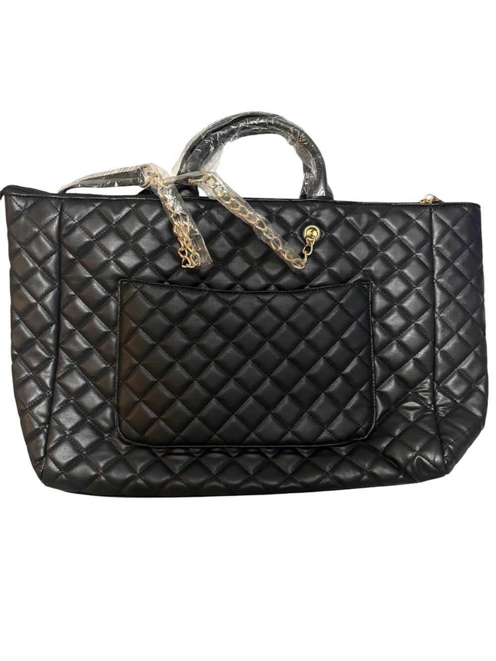 Quilted Black LargeTote with Gold Chain Accent - Picture 2 of 4